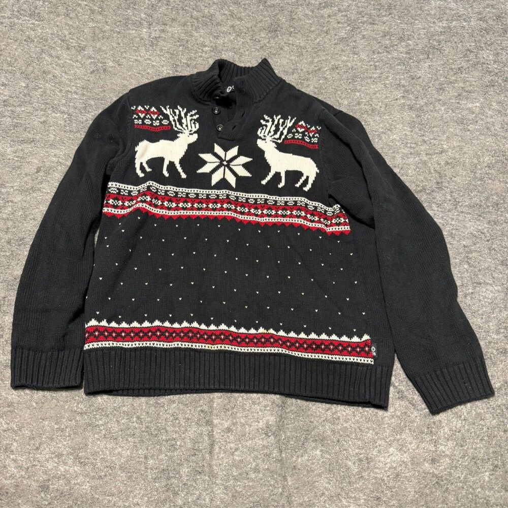 Chaps Mens Sweater Large Black Reindeer Fair Isle Holiday Christmas Mock Neck